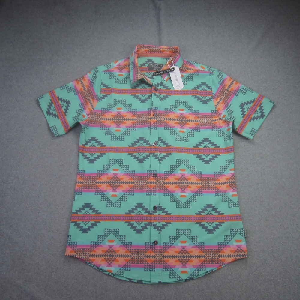 Departwest Shirt Mens Small Green Aztec‎ Short Sleeve Button Up Western